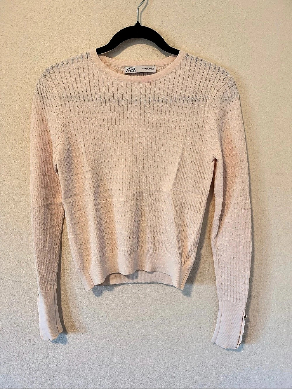 Zara Baby Pink Cable Knit Style Sweater Cuff Faux Pearls Embellished Medium